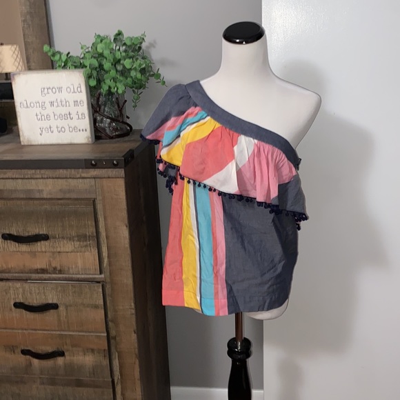 Trina Turk Los Angeles One-Shoulder Striped Cotton/ linen Blend Top size Medium - Picture 5 of 14